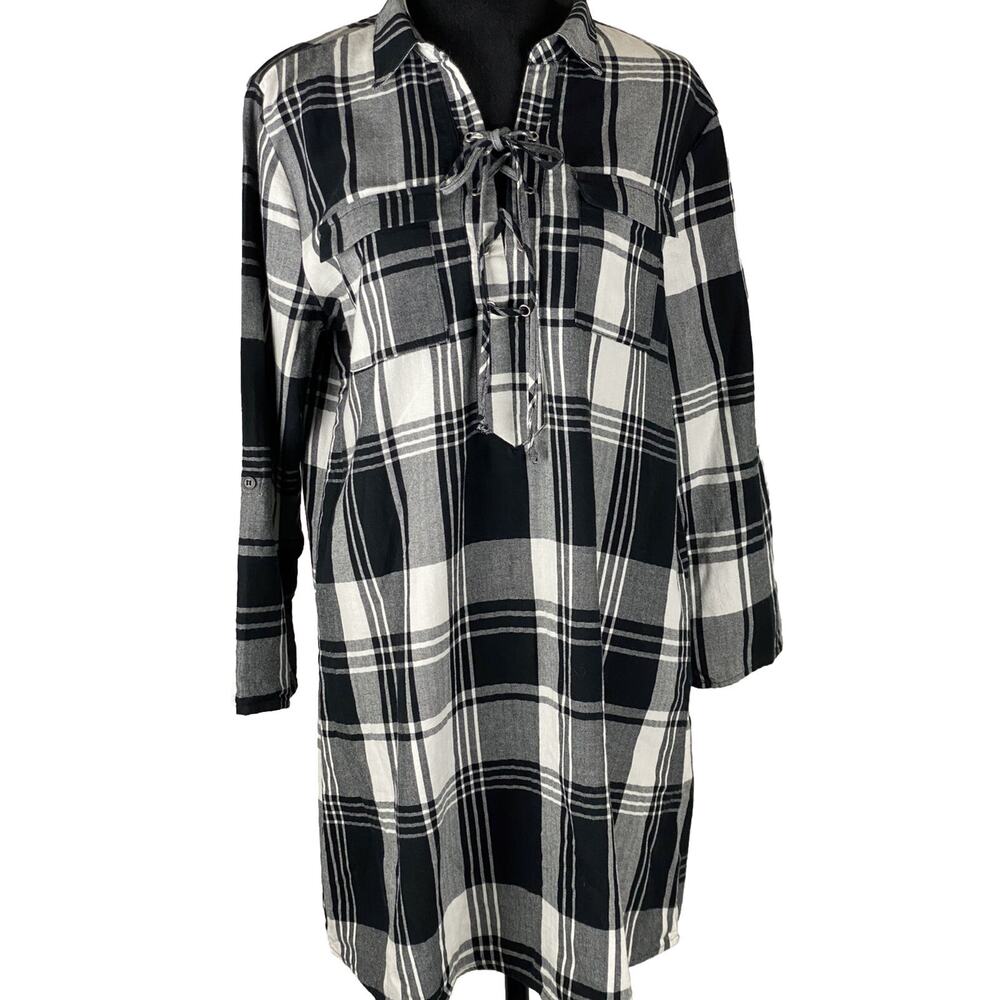 Society Girl Black White Plaid Lace-Up Shirt Dress Long Tab Sleeves Size XL